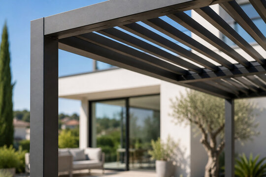 Moderne Aluminium-Pergola mit Lamellendach vor Einfamilienhaus