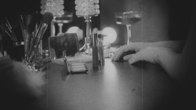 Black and white film color old style silhouette woman sitting at makeup table with mirror various natural cosmetics lipstick lip gloss, glamour makeup. sexy girl preparing makeup. classic luxury room