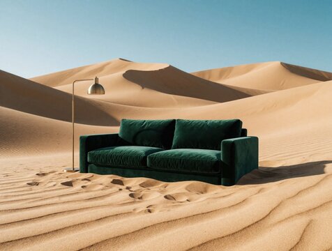 Velvet sofa and gold lamp in vast sand dunes under clear blue sky. Furniture sits on desert sand creating surreal contrast. Outdoor living concept.