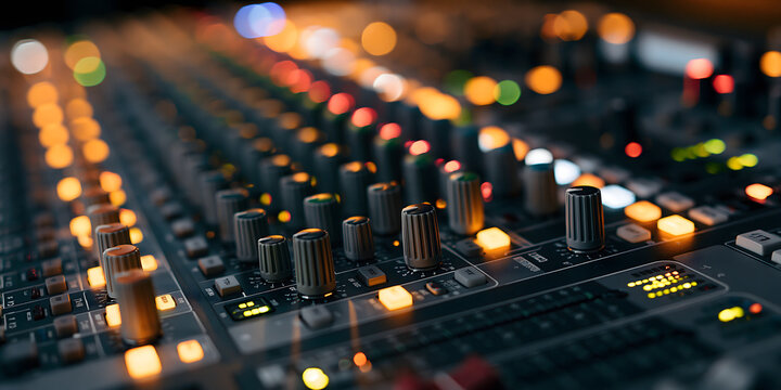 Close-up of a professional sound mixer console with numerous knobs, faders, and glowing indicator lights in a recording studio or live event setting, creating a dynamic and technological