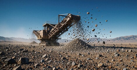 Naklejka premium Giant industrial crusher machine processes rocks in arid desert landscape. Material breaks apart, scattering debris under clear blue sky. Quarry site operates heavy equipment.