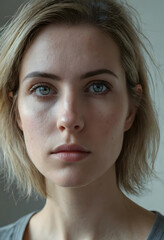 Fototapeta premium Close up portrait of a young blonde woman with blue eyes and natural skin texture looking directly at the camera, She looks directly at the camera with a serious expression