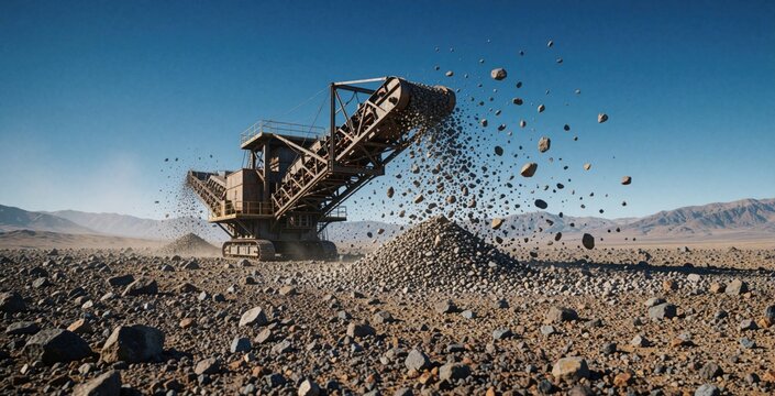 Giant industrial crusher machine processes rocks in arid desert landscape. Material breaks apart, scattering debris under clear blue sky. Quarry site operates heavy equipment.