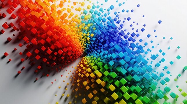 Abstract 3D digital background with colorful exploding pixels. Vibrant square blocks fly from center towards edges in rainbow spectrum. Dynamic motion design shows technology evolution, data