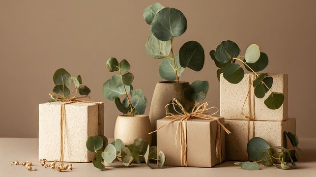 Minimalist beige gift boxes tied with rustic raffia string and elegant green eucalyptus branches arranged in artistic ceramic pottery vases