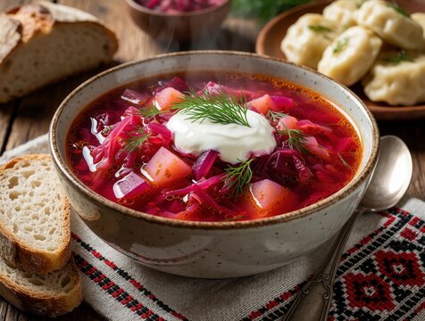 Steaming bowl of Ukrainian borscht soup with vegetables, topped with sour cream and dill. Served with dumplings and rye bread on a rustic wooden table.