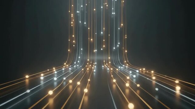 Abstract 3D animation of glowing light particles representing data flow and fiber optic communication in a digital network.