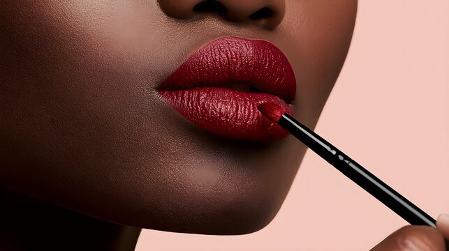 Dark skin model applying rich deep red matte lipstick with professional makeup brush for a flawless and elegant facial look