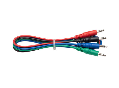 Audio cable patch cord jack set isolated on white background for studio music connection, sound equipment wiring, colorful electronic wire connectors for audio engineering and technology concept