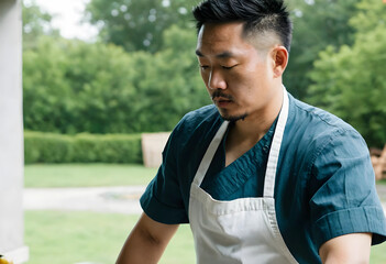 Fototapeta premium Asian male chef in a dark teal uniform and white apron working outdoors with a focused expression, culinary professional