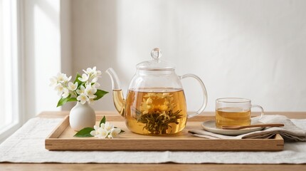 Fototapeta premium Glass teapot with blooming tea and cup on wooden tray, accompanied by a vase of flowers, set against a light-colored wall and natural window light