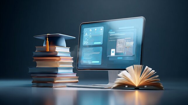 Graduation cap sits atop a tall stack of colorful books next to glowing computer monitor and one open vintage volume