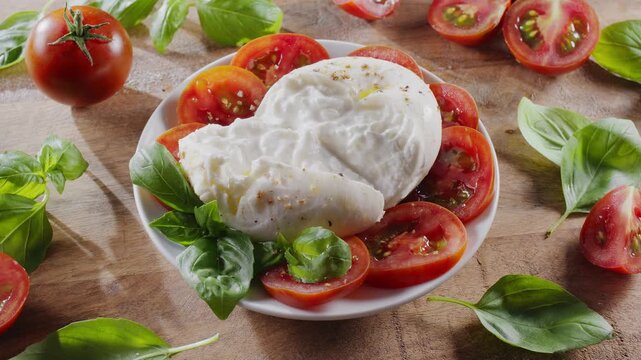 Flat lay of burrata cheese surrounded by cherry tomatoes and basil on wooden table. Mediterranean traditional food.