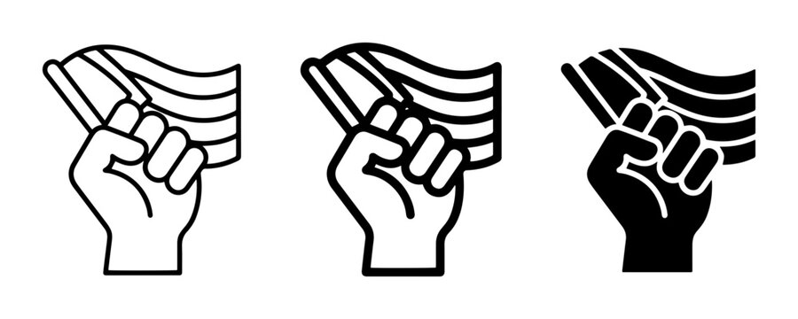 Fist holding rainbow flag, symbol of pride and protest, icon set