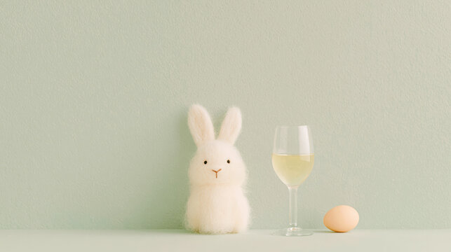 knitted white bunny plush toy smiling beside champagne flute on sage green wall evoking joyful easter celebration perfect for advertising web design and wellness branding
