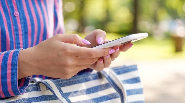 Close up of a woman with pink manicured nails using a white smartphone outdoors in a sunny park setting