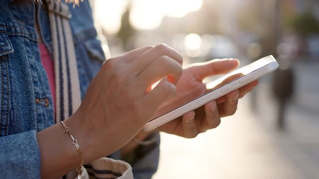 Close up of a woman typing and scrolling on her smartphone while standing outdoors in the city with warm sunlight.
