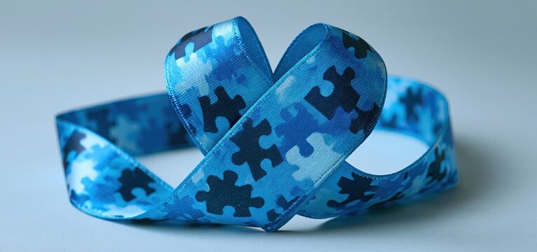 Against a gentle gradient backdrop, a heart-shaped blue ribbon with puzzle pieces represents autism awareness and support.