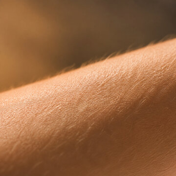 Generative AI image of extreme macro of healthy forearm skin showing fine natural texture and soft downy hair in professional healthcare stock photography with commercial copy space.