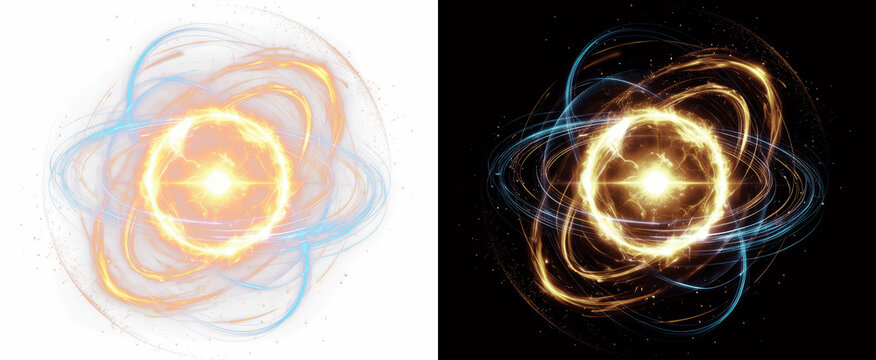 Abstract glowing light trails and lens flare effect with orbital energy rings, dynamic plasma explosion on black background, digital 3D render for futuristic sci-fi motion graphics and web design