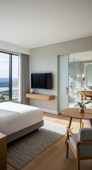Fototapeta premium Sunlit Sanctuary: Modern Serenity with Panoramic Vista