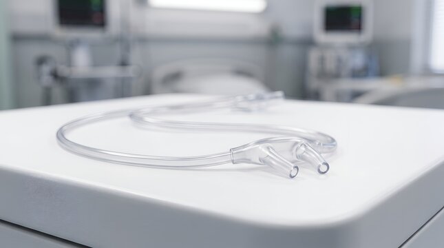Nasal cannula oxygen tube resting on white hospital table