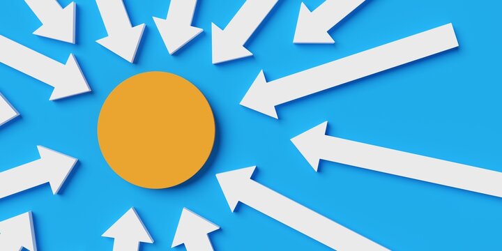 Many white arrows pointing to yellow center target or goal on blue background, business or direction concept