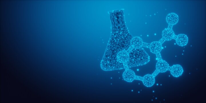 Blue glowing wireframe chemistry flask and abstract molecule on blue background with copy space, pharmacy, chemistry or science template concept