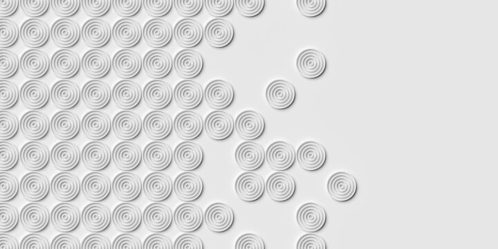 White concentric rings cylinders polygons pattern background fade out with copy space, template wallpaper banner, flat lay