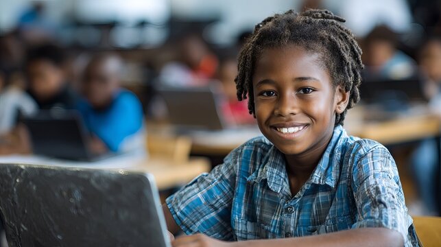 Smiling young boy with dark locs wearing a blue plaid shirt while using a modern silver laptop inside school classroom