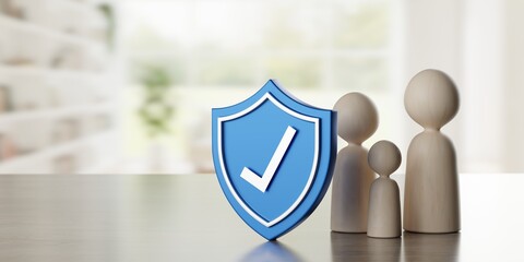 Abstract wooden pawn figure family with blue shield with checkmark on table in front of living room...