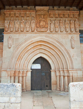 Historic Romanesque Church Portal with Sculptures, Palencia, Spain