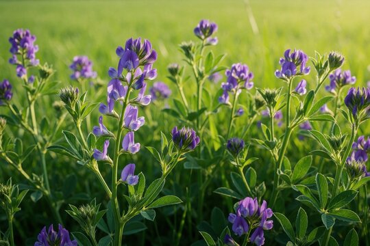 Close-up view of flowering purple alfalfa plants growing in green meadow under soft sunlight. Verdant stems with small purple blooms, trifoliate leaves create natural, peaceful scene ideal for