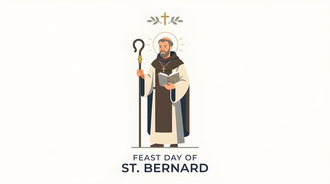 Feast Day of St Bernard Vector Illustration with Saint Bernard of Clairvaux, Holy Bible Ora Et Labora, Crosier Staff, and Golden Halo
