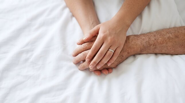 Two people holding hands gently while resting on a white bed sheet indoors