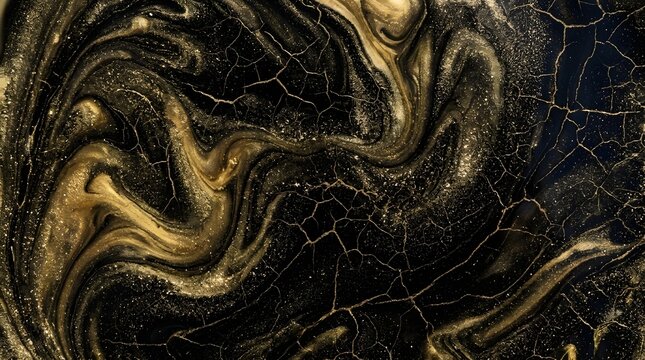 Black and gold marble texture background with fluid metallic paint swirls and cracked aesthetic for luxury design projects
