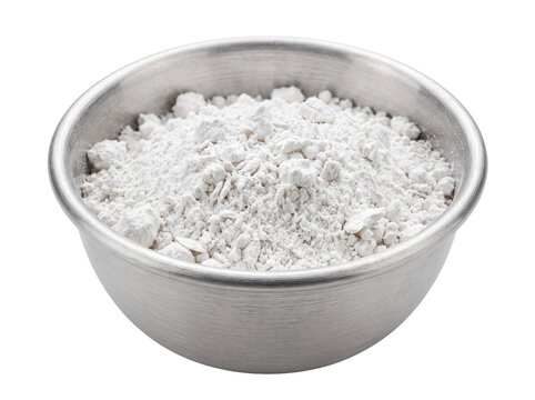 White flour in metal bowl isolated on black background for baking cooking food preparation, fine organic cornstarch powder ingredient studio shot for culinary recipe concepts and healthy eating