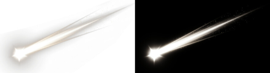 Golden shooting star light effect, glowing comet trail with sparkle dust particles. Abstract lens flare element on black background for digital art, overlay compositing, festive branding and poster © PNG