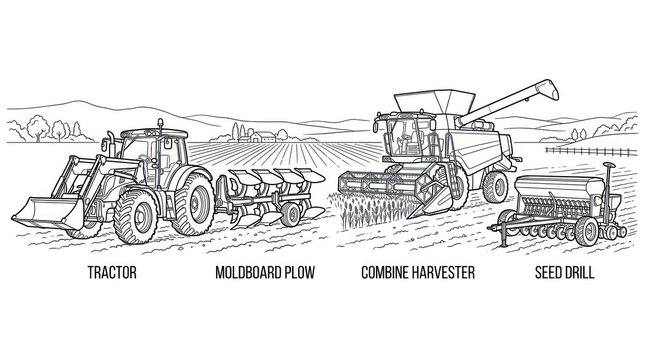 Elegant Black and White Line Drawing of Agricultural Machinery Tractor Moldboard Plow Combine Harvester Seed Drill
