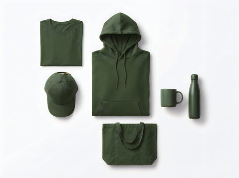 Collection of green apparel and merchandise items including tshirt, hoodie, cap, tote bag, mug, and water bottle, isolated on white background