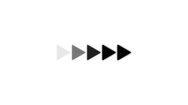 Five black fast forward play buttons arranged in sequence, representing speed, acceleration, media playback, progress, navigation, streaming, and continuous motion on a clean white background.