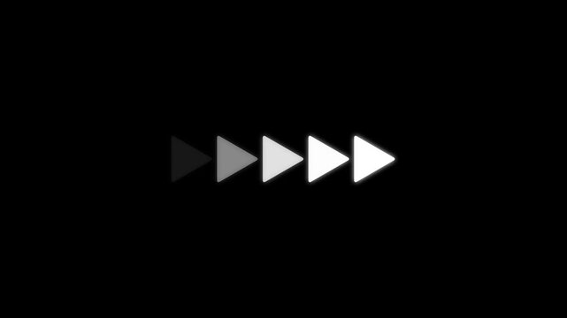 Five black fast forward play buttons arranged in sequence, representing speed, acceleration, media playback, progress, navigation, streaming, and continuous motion on a clean white background.