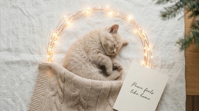 Small ginger kitten sleeps peacefully tucked under a warm knit blanket surrounded by glowing fairy lights and a greeting card. This cozy scene represents comfort and home during the winter