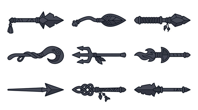 Medieval fantasy weapon silhouettes and magic staff icons.