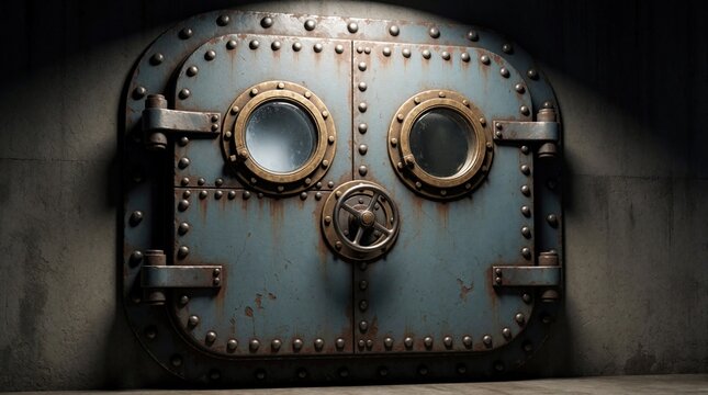 Heavy metal door with round windows and wheel lock. Riveted steel entrance resembles submarine hatch or bunker door. Industrial design for secure interiors or sci fi themes.