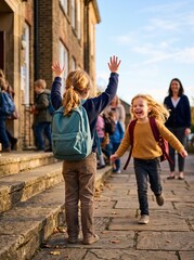Obraz premium Happy School Children Walking and Running to School on a Sunny Day. Copy space