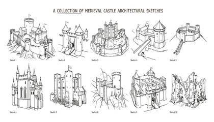 Collection of historical medieval castle architectural sketches featuring royal fortresses ancient fort structures and stone ruins © MSTRAZINA