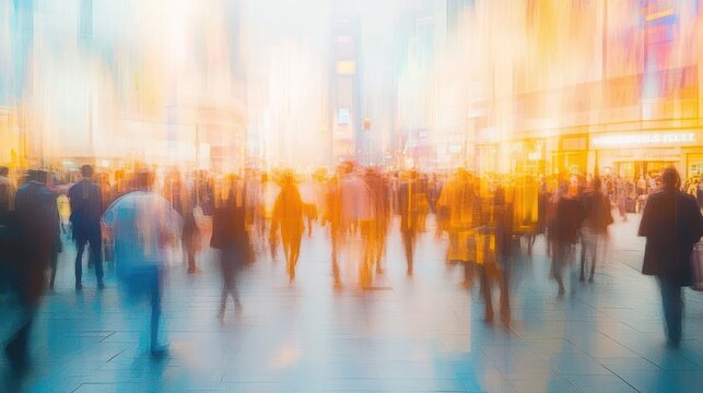 blurred crowd of pedestrians in a glowing urban square at dusk conveying motion, haste and anonymity