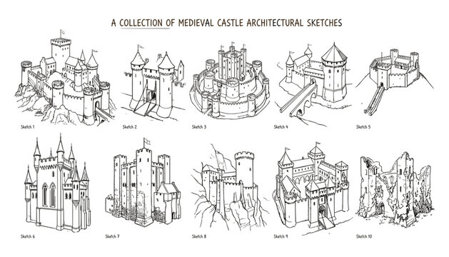 Collection of historical medieval castle architectural sketches featuring royal fortresses ancient fort structures and stone ruins