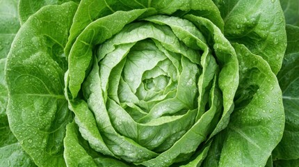 Obraz premium Fresh green lettuce head with water droplets captured in a top down macro view showcasing vibrant leaves and healthy texture. This organic vegetable represents a clean eating and healthy lifestyle